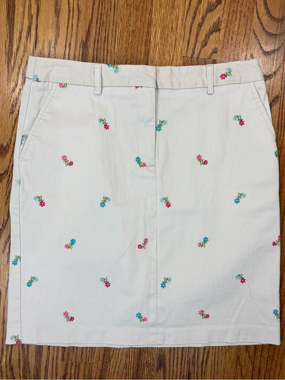 Vintage Khaki Pencil Skirt with Pink & Blue Pretty Floral Embroidery (8)